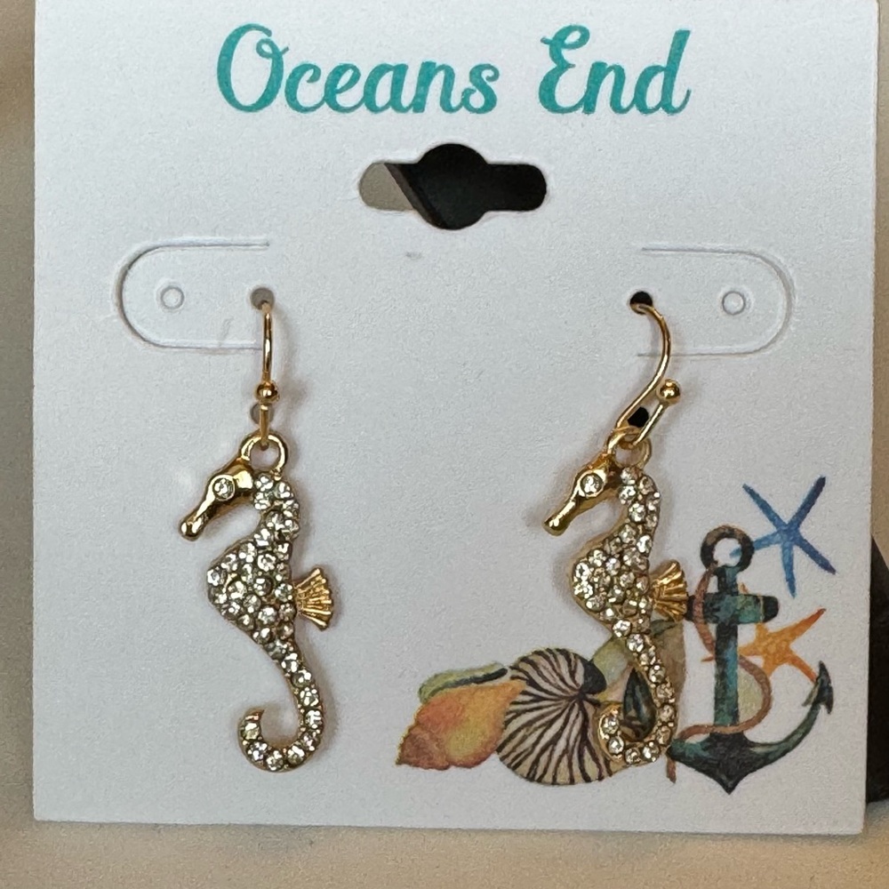 Ocean End’s Gold Seahorse Earrings with Rhinestones
